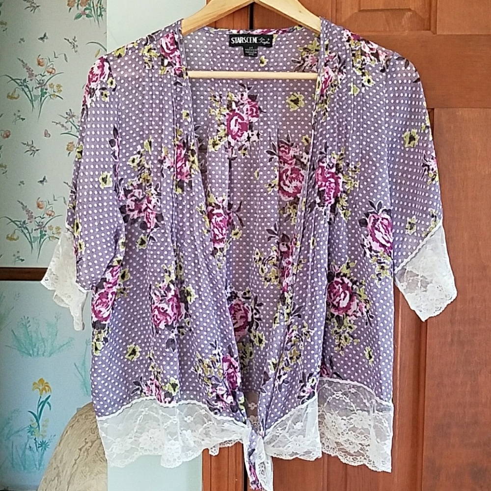 Lavender Lace Pocadot & Rose Print I Kimono Top